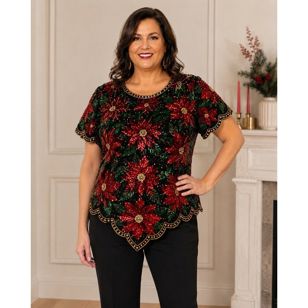 Vintage Scala Blouse Women's 2XL Black Silk Sequin Beaded‎ Christmas Poinsettia